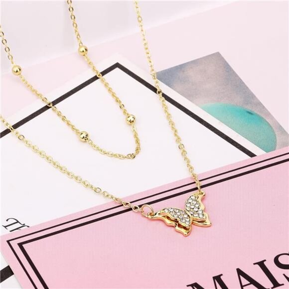 Butterfly Pendant Necklace, 14k Gold Plated Handmade Hollow Layered Necklace - Picture 3 of 7